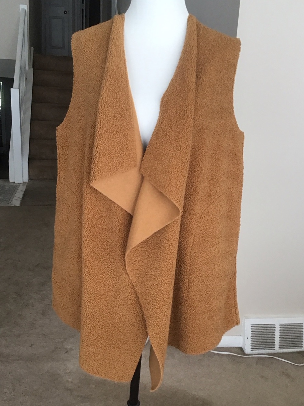 Max Studio Camel-Tone Faux Shearling Open-Front Teddy Vest